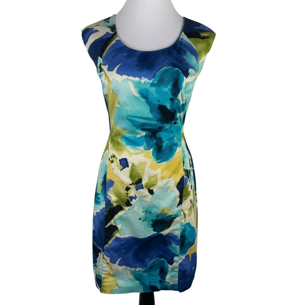 Apt 9 Women's 6 Blue Green Floral Watercolor Sheath Dress Scoop Neck Lined